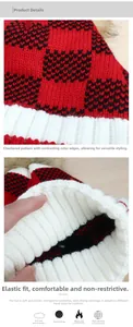Detail of red and black plaid knit beanie showing elastic texture and soft lining
