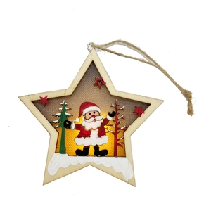 Star-shaped wooden Christmas lantern with Santa scene and warm LED glowing light