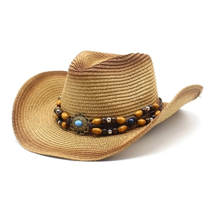 Western Cowboy Straw Hat Wide Brim Sun Protection Ethnic Beaded Faux Turquoise Decor Beach Outdoor Summer For Men Women