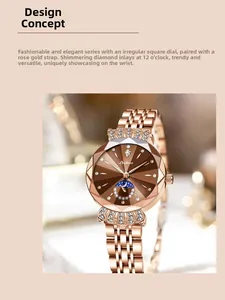 Détail de montre rose doré avec cadran en verre facetté et accents de diamants