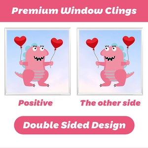 Detailed view of double-sided pink dinosaur window sticker with red heart balloons