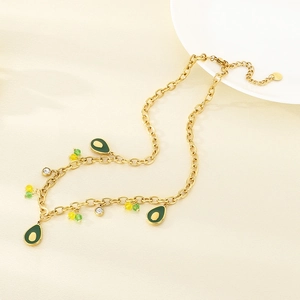 Golden stainless steel chain necklace with avocado green enamel pendants and zircon accents