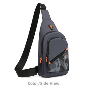 Detail of grey nylon sling bag featuring camo pattern and vibrant orange zipper pulls