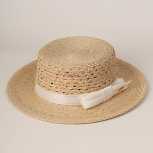 Women's Handmade 100% Raffia Boater Hat With Satin Linen Ribbon Bow Hollow Out Flat Top Wide Brim Sun Hat For Summer Travel