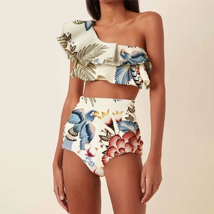 Women Tropical Parrot Floral Print Swimwear Single Shoulder Ruffle Bikini Swimsuit And Beach Wrap Skirt Vacation Beachwear