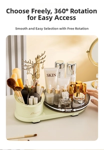 Detail view of 360-degree rotating cosmetic organizer with jewelry tree in warm lighting