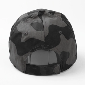 Rear view of camouflage baseball cap showing adjustable velcro strap and cotton texture