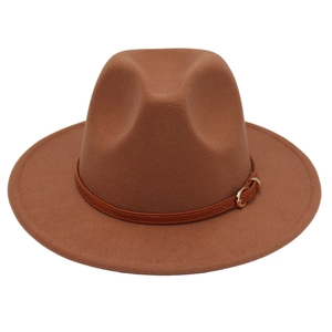 Detail of camel wool fedora with brown leather belt and gold metal buckle accent