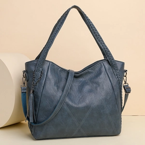 Blue large capacity soft PU leather tote bag with quilted pattern and tassel charm