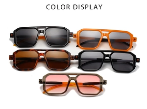 Detail view of double bridge square sunglasses in five colors including tortoiseshell and orange