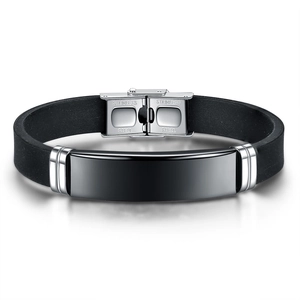 Minimalist 12MM black silicone and stainless steel men's bracelet with silver buckle