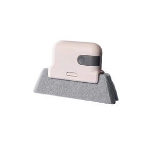 Handheld 2-in-1 window track cleaning brush with pink handle and grey scouring pad