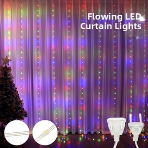Detail of colorful waterfall curtain lights with leather wire on white sheer curtains