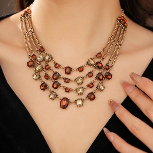 Detail of vintage multi-layer necklace with amber stones on a professional model