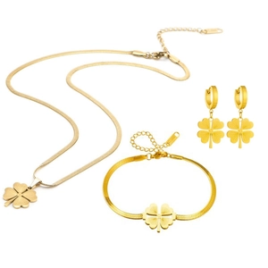 French Vintage Titanium Steel Four Leaf Clover Necklace Bracelet Earrings Jewelry Set For Women Gold Snake Bone Chain Accessory