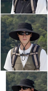 Outdoor gear set featuring wide brim sun hat, tactical vest, and polarized sunglasses