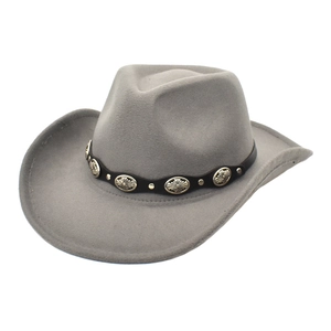 Detail view of grey felt cowboy hat featuring vintage silver buckles and metallic rivets