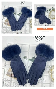Detail of navy blue faux suede gloves with plush fur cuffs on a grid background