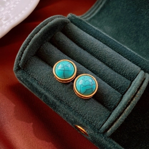 Vintage Round Synthetic Turquoise And Imitation Artificial Pearl Earrings With 925 Sterling Silver Earring Post For Women