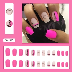 Neon pink square press-on nails featuring love lettering and heart patterns, 24 piece set
