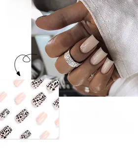 French leopard print press-on nails set with long square shape and glossy nude pink finish