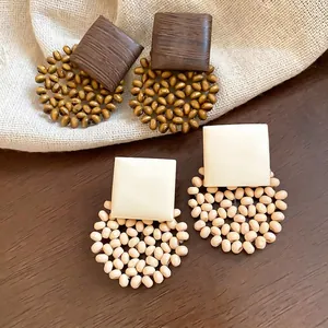 Retro geometric square and round wooden beaded earrings in brown and cream white