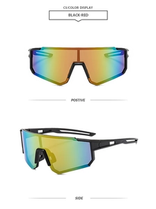 Detail view of black-red rimless cycling sunglasses with colorful reflective lenses