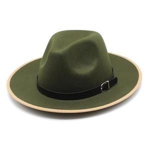 Modern dark green wool fedora with black leather band and wide contrast brim