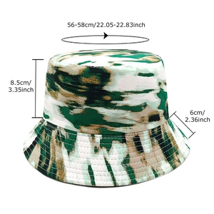 Unisex tie-dye graffiti bucket hat with green camo pattern and size dimensions
