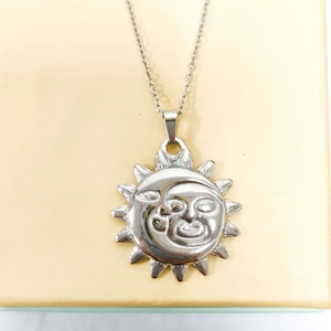 Silver sun and moon pendant necklace in minimalist stainless steel for women