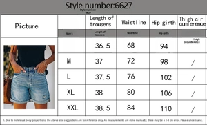 Guide des tailles S-XXL pour shorts en jean femme avec marge d'erreur manuelle de 2-3cm