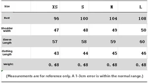 Size guide table for blue loose short jacket and pants set with detailed measurements