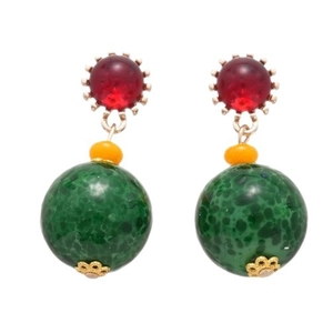 Vintage palace style round ceramic pendant earrings with red beads and silver accents