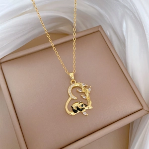 Luxurious gold panda heart necklace with sparkling crystals and bamboo leaf detailing