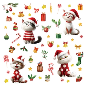 Christmas window stickers featuring cute cartoon cats in holiday sweaters and Santa hats