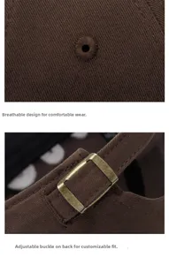 Detail view of the metal buckle and breathable eyelets on a brown cotton baseball cap