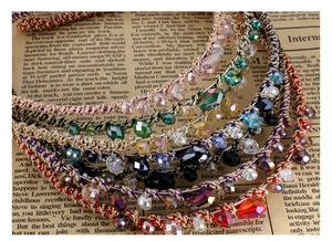 Detailed macro view of colorful woven crystal beads on fashionable headband strands