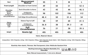 Size guide table for women reversible quilted jacket with exact chest and length measures