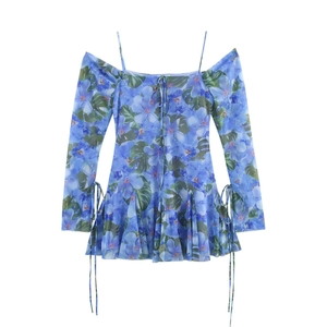 Women Floral Print Mesh Mini Dress Off Shoulder Long Sleeve Drawstring Elegant Slim Fit Polyester