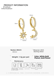 Detail view of S925 sterling silver star and moon earrings with cubic zirconia dimensions