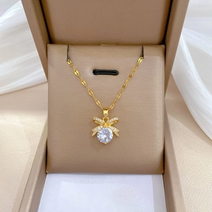 Bowknot Pendant Necklace Titanium Stainless Steel Chain Copper Zircon Micro Pave Elegant Luxury Jewelry For Women