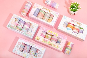 Detail view of 20-roll washi tape set with floral and geometric patterns for journaling