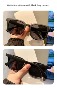 Primer plano de las gafas de sol polarizadas negro mate con cristales grises en detalle
