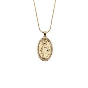 Golden micro-paved zircon necklace with oval religious Virgin Mary pendant on white background