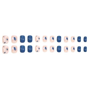 Blue and white floral press-on nails set in short square shape with heart designs