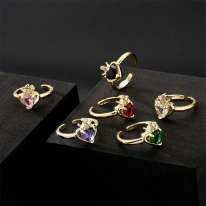 Heart Crown Ring Copper Gold Plated Cubic Zirconia Adjustable Open Finger Jewelry Romantic Elegant Gift Women