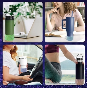 Glittering rhinestone silicone boot for tumblers shown in office and travel scenes