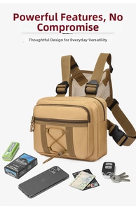Tactical chest bag detail showing multi-compartment storage for phone and daily gear