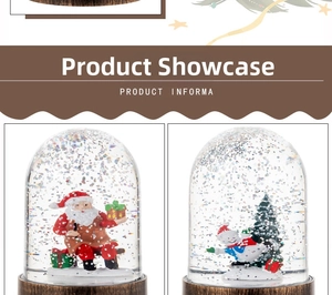 Detail of Christmas snow globes with Santa Claus and Snowman on faux wood bases