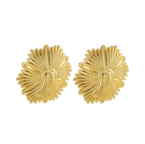Detailed close-up of golden stainless steel flower earrings with textured sunburst petals